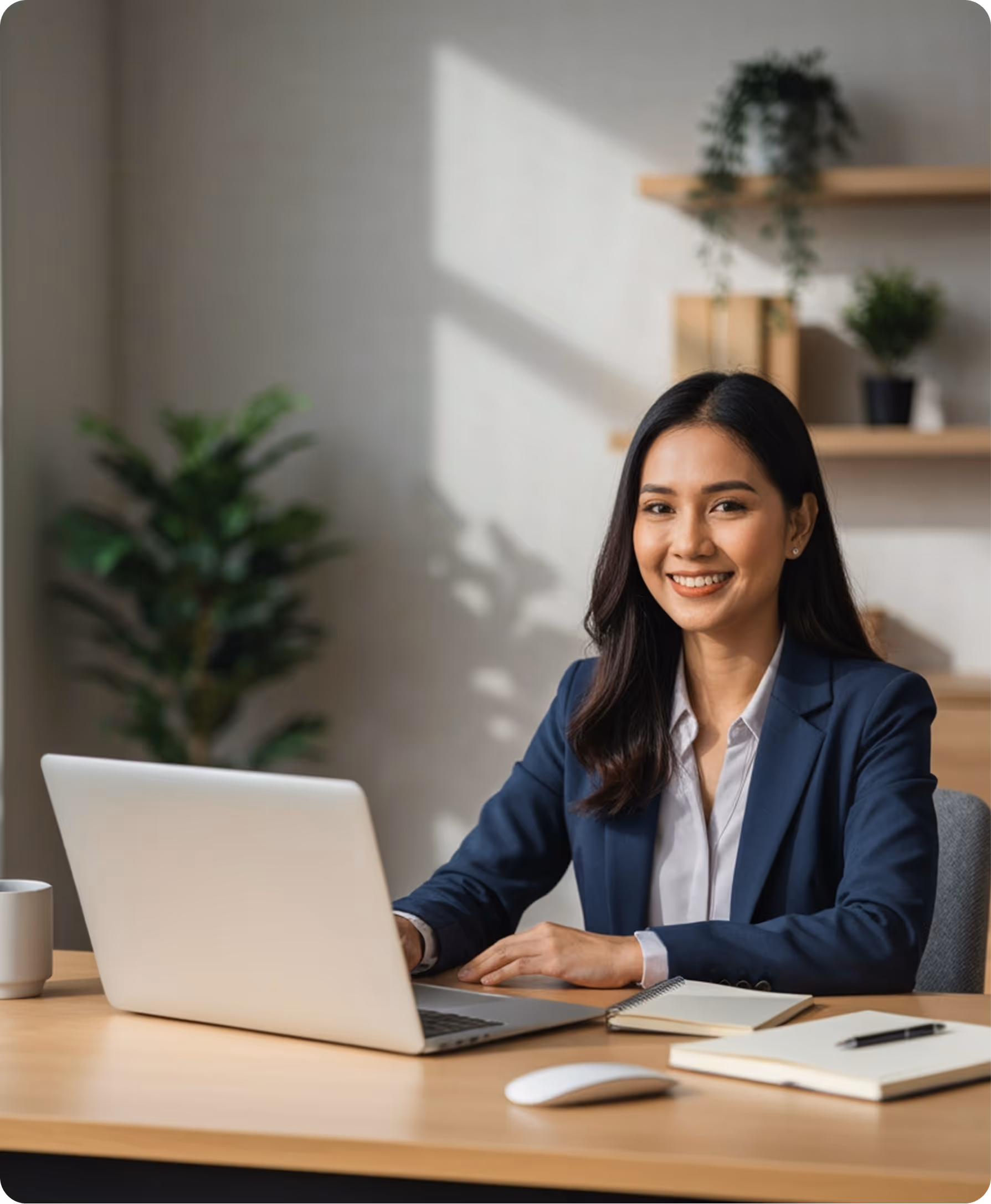 Smiling businesswoman sitting at a desk with a laptop, notebooks, and a coffee mug in a modern office.