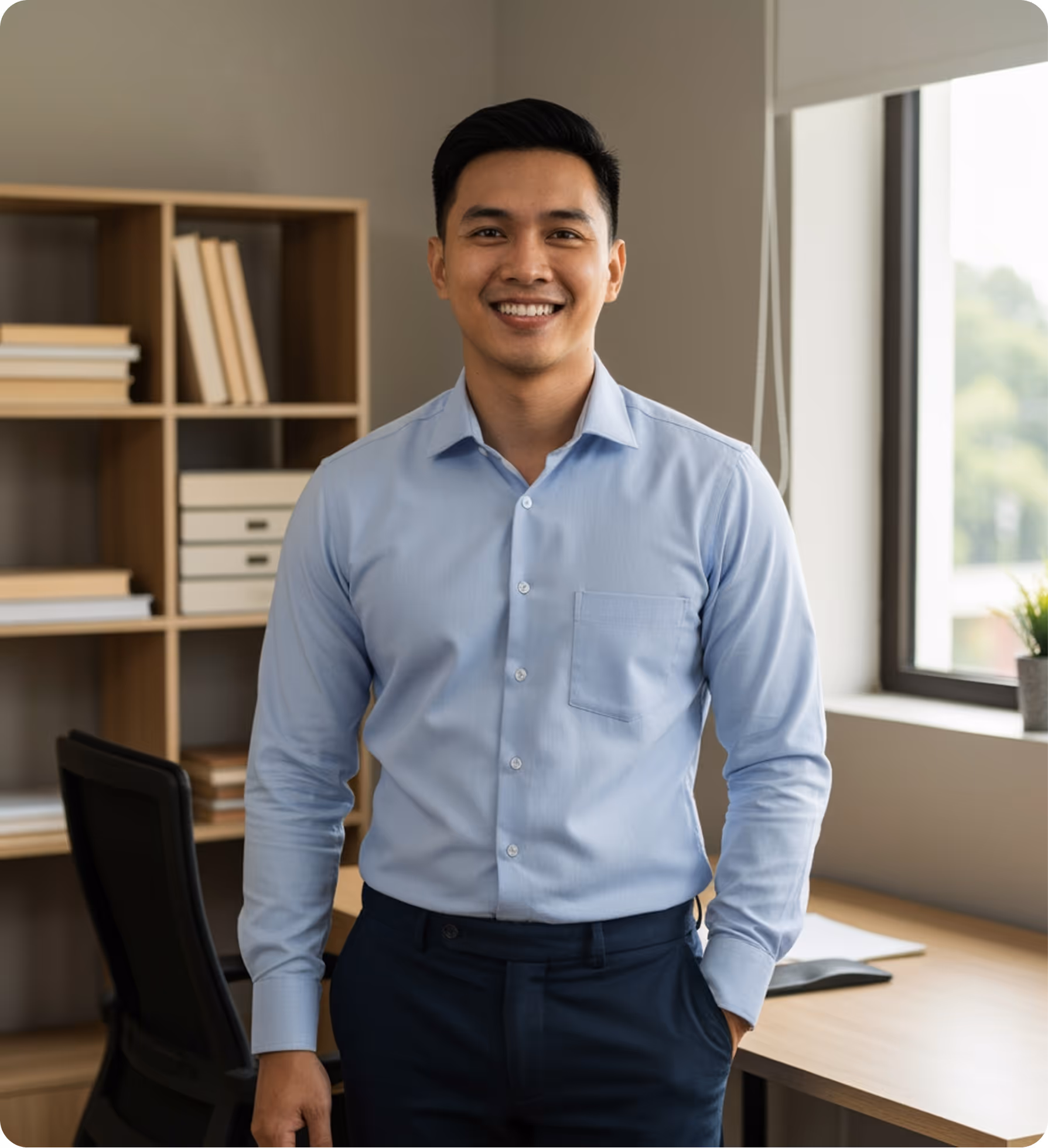 Smiling man in a light blue dress shirt standing in an office with bookshelves and a desk near a window.