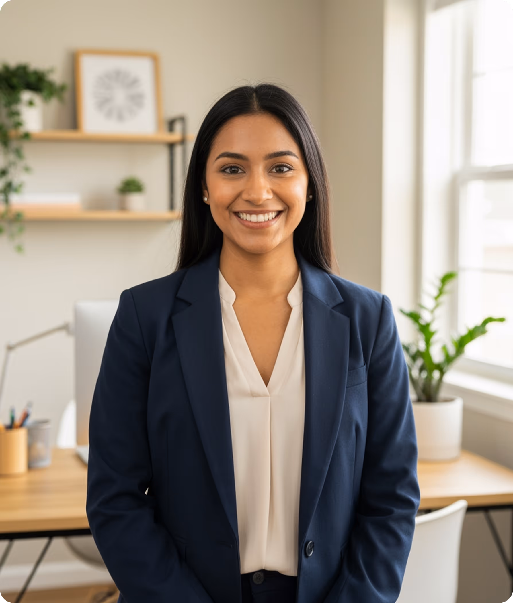 Smiling professional woman in a navy blazer and beige blouse standing in a modern office with plants and shelves.