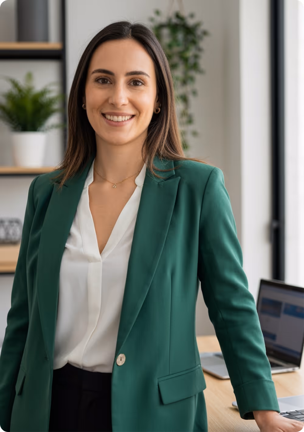 Smiling woman with long brown hair wearing a green blazer and white blouse, standing in an office with plants and a laptop in the background.