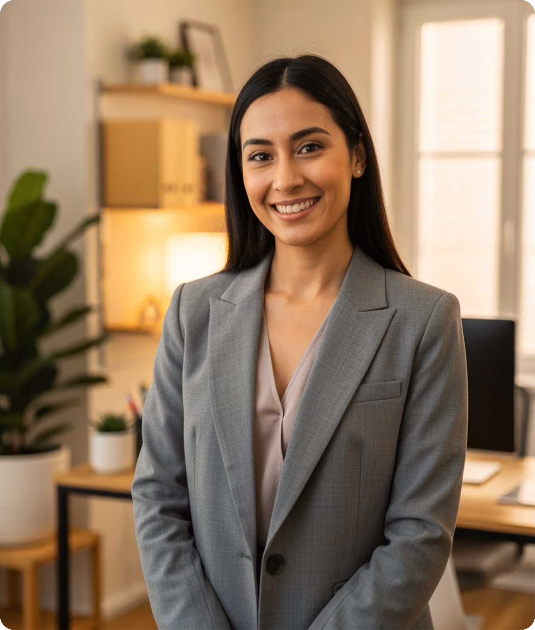 Smiling professional woman with long dark hair wearing a gray blazer standing in an office.