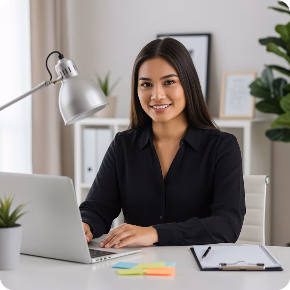 Smiling woman in black shirt working on a laptop at a desk with sticky notes and clipboard in a bright office.