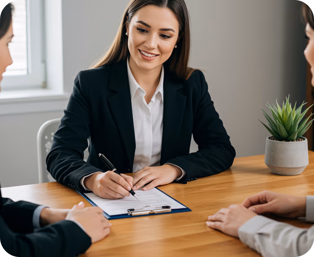 Smiling businesswoman in a black blazer writing on a clipboard during a meeting with two people at a wooden table.