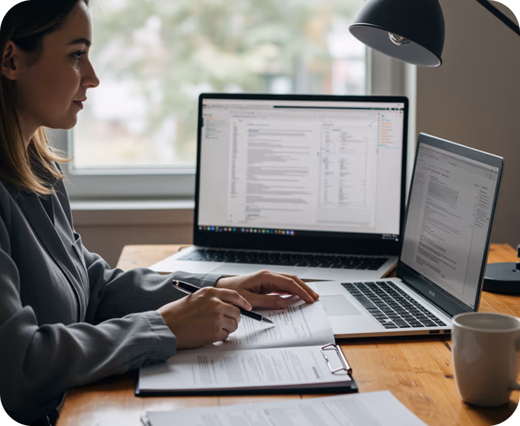 Woman working at a desk with two laptops and reviewing documents on a clipboard.