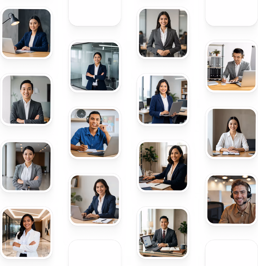 Collage of diverse professionals in business attire working in office environments, smiling and engaged with laptops, phones, or documents.