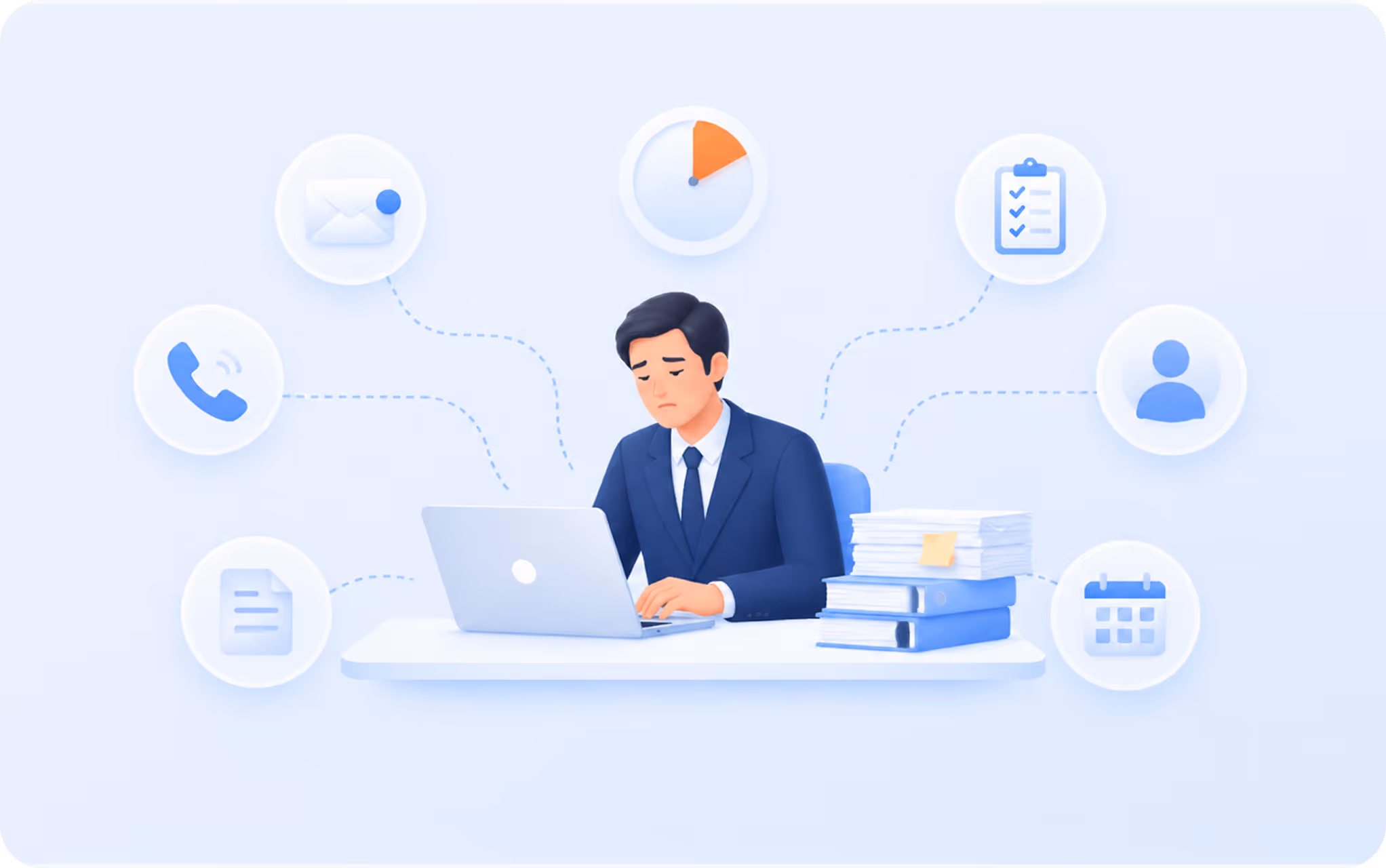 Stressed professional man working on laptop at desk surrounded by icons for email, phone, document, time, checklist, user, and calendar.