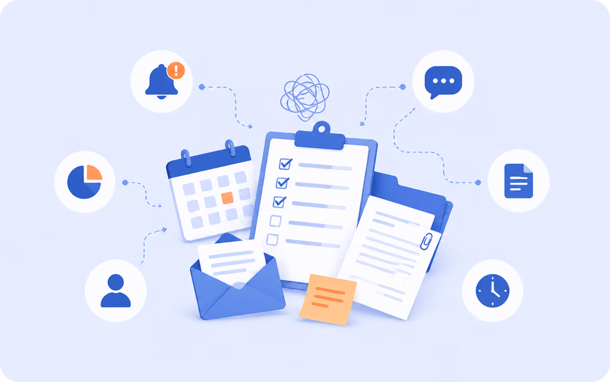 Illustration of task management elements including a calendar, checklist clipboard, documents, envelope with letter, and connected icons representing notifications, chat, user, clock, and pie chart.