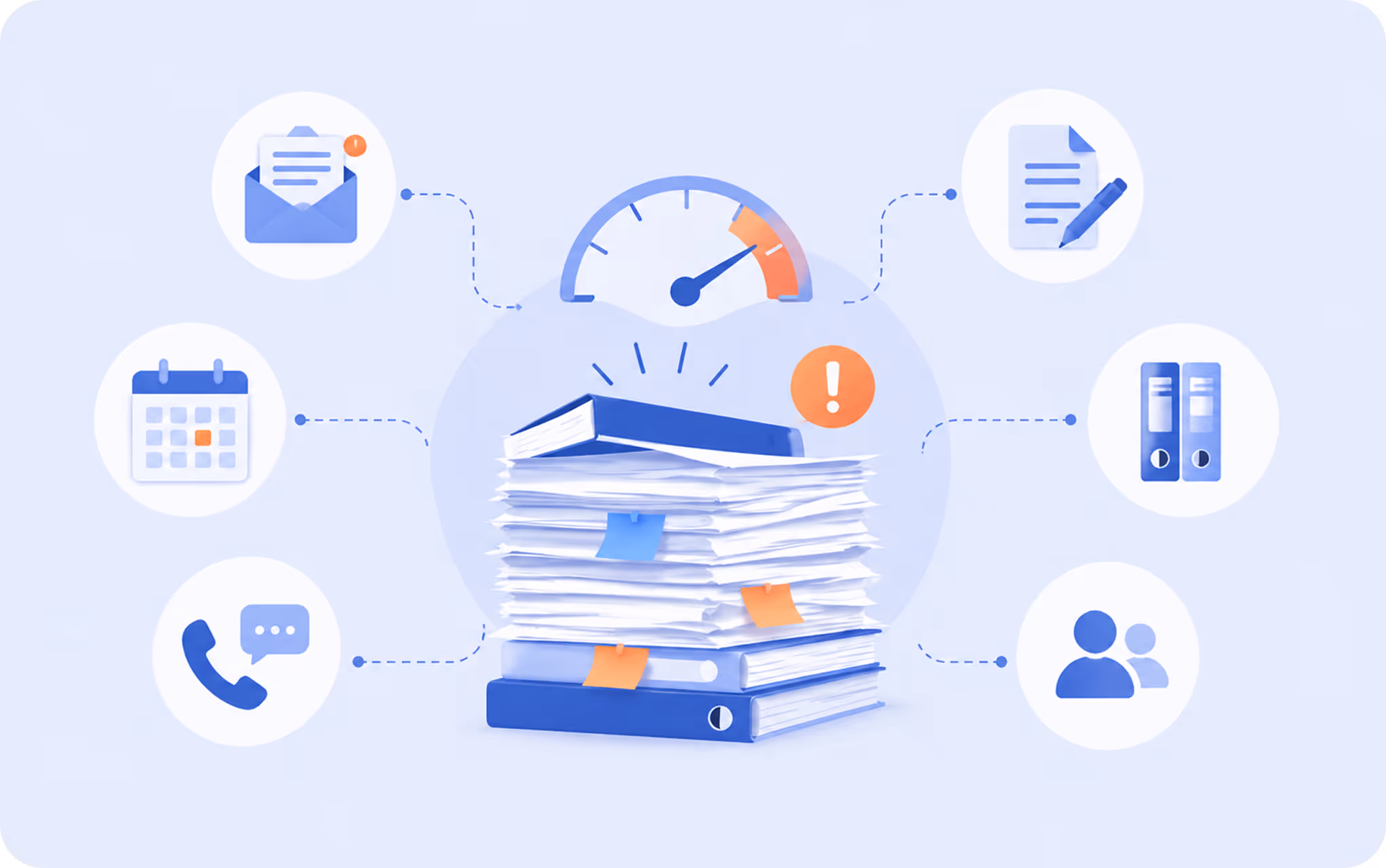 Stack of papers and binders with a speedometer gauge showing high activity and connected icons representing email, calendar, phone, document editing, files, and users.
