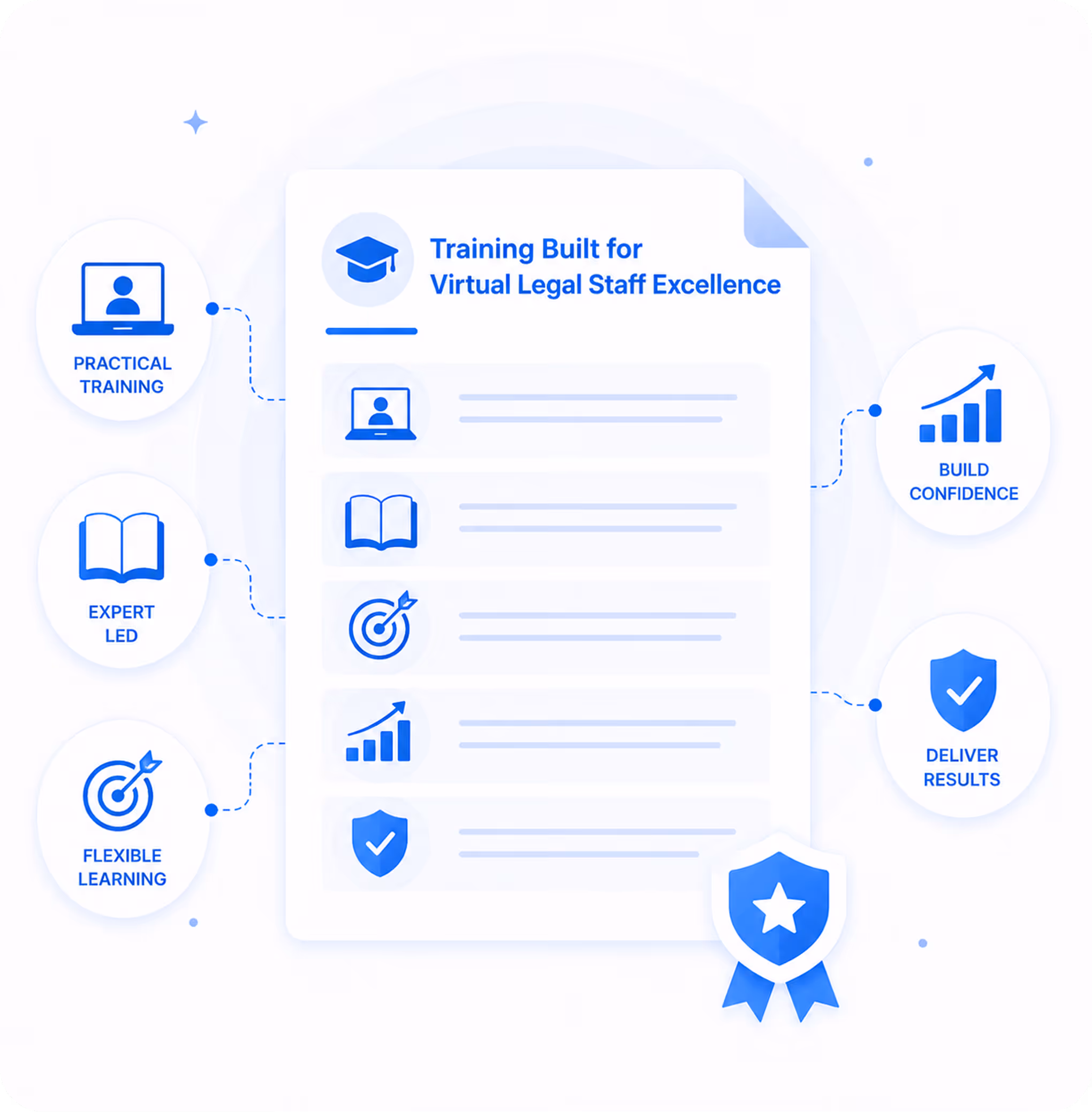 Graphic illustrating training features for virtual legal staff including practical training, expert led, flexible learning, building confidence, and delivering results.