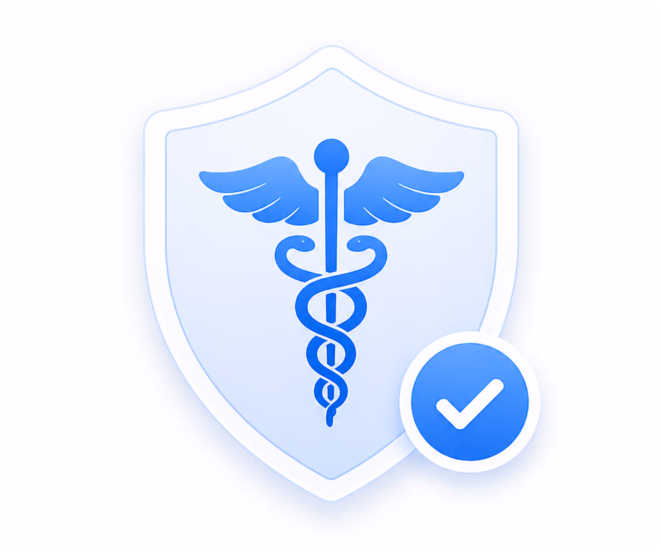Medical caduceus symbol on a shield with a blue checkmark indicating approval or protection.