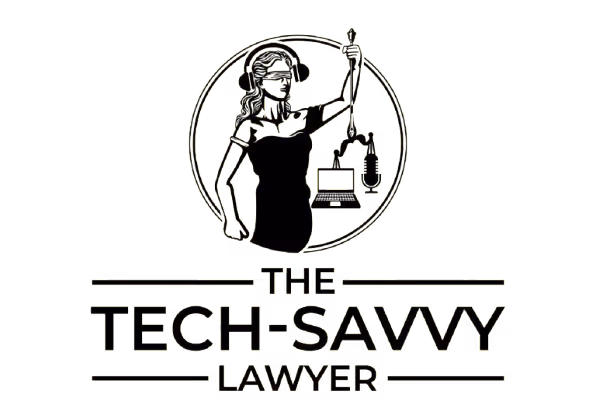 Logo showing a woman with headphones holding a cable, with text 'The Tech-Savvy Lawyer'.