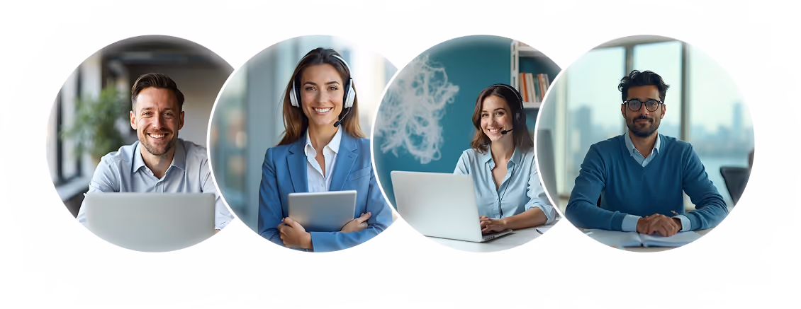 Four diverse professionals in office settings using laptops, tablet, and wearing headsets, smiling.