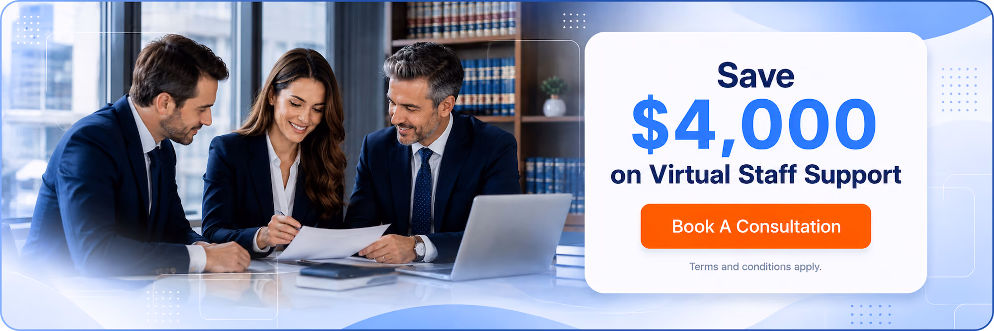 Smiling businesswoman in navy suit next to text offering case managers starting at $10/hr with a book consultation button.
