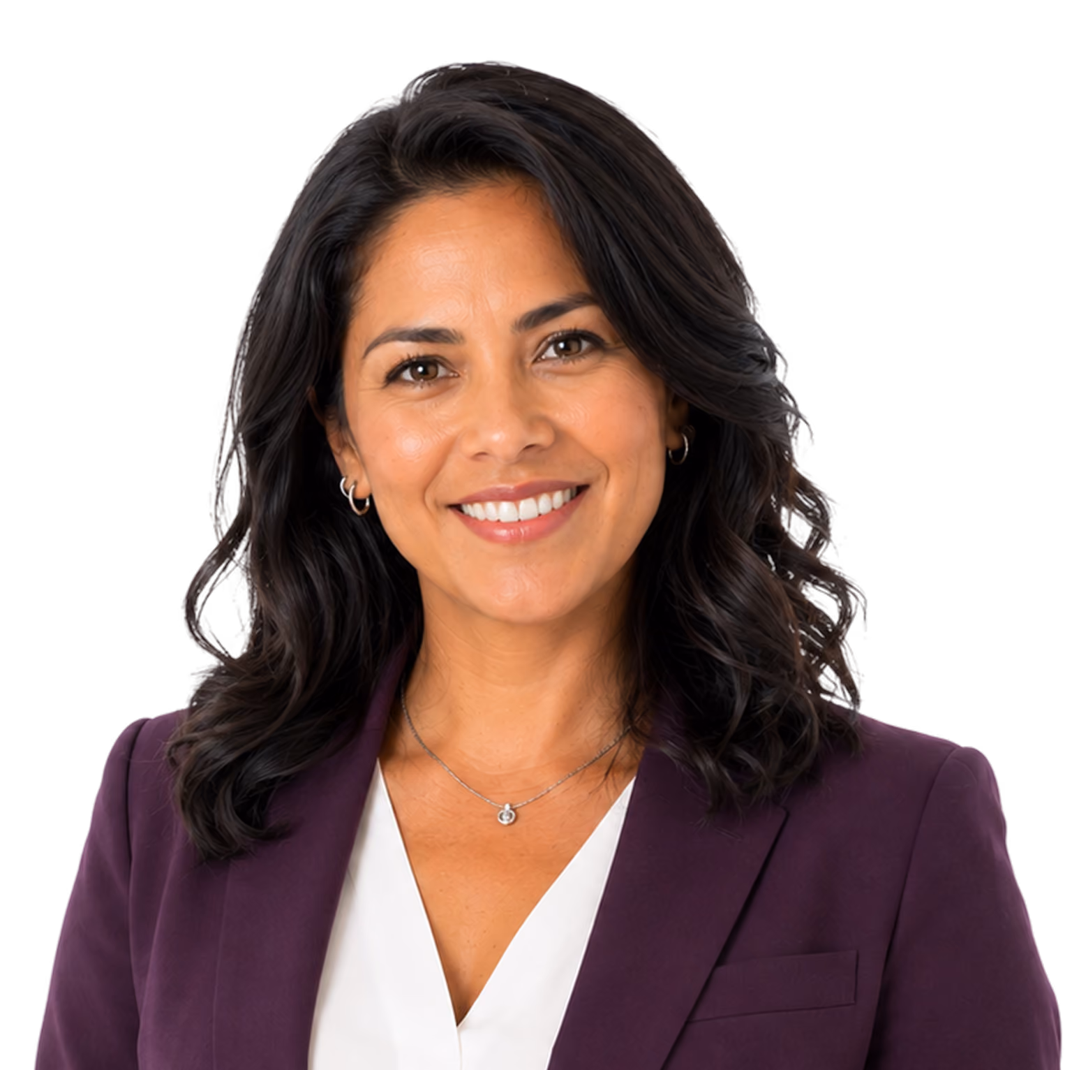 Smiling woman with dark wavy hair in a purple blazer and white blouse against a transparent background.