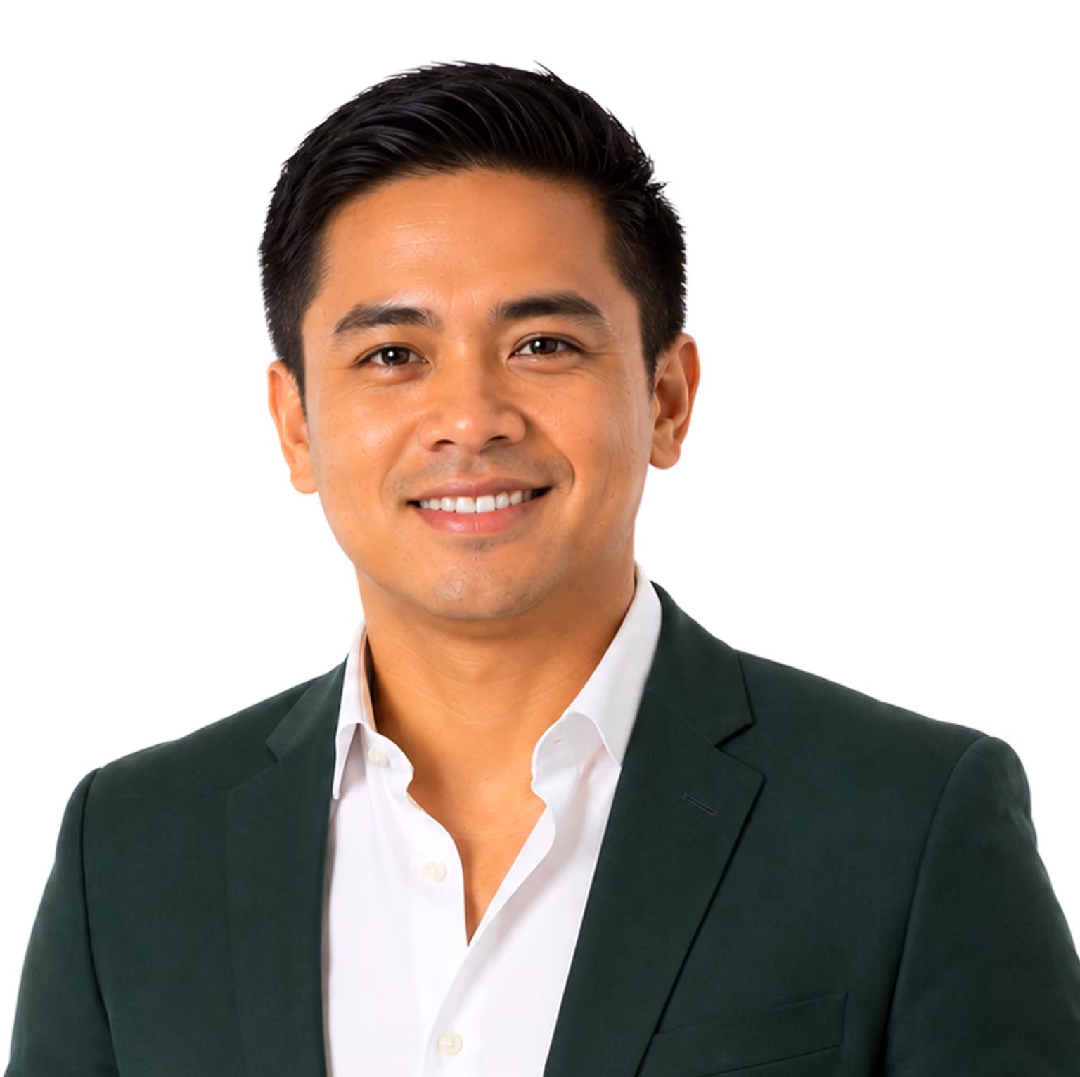 Smiling man with dark hair wearing a dark green blazer and white shirt on a white background.