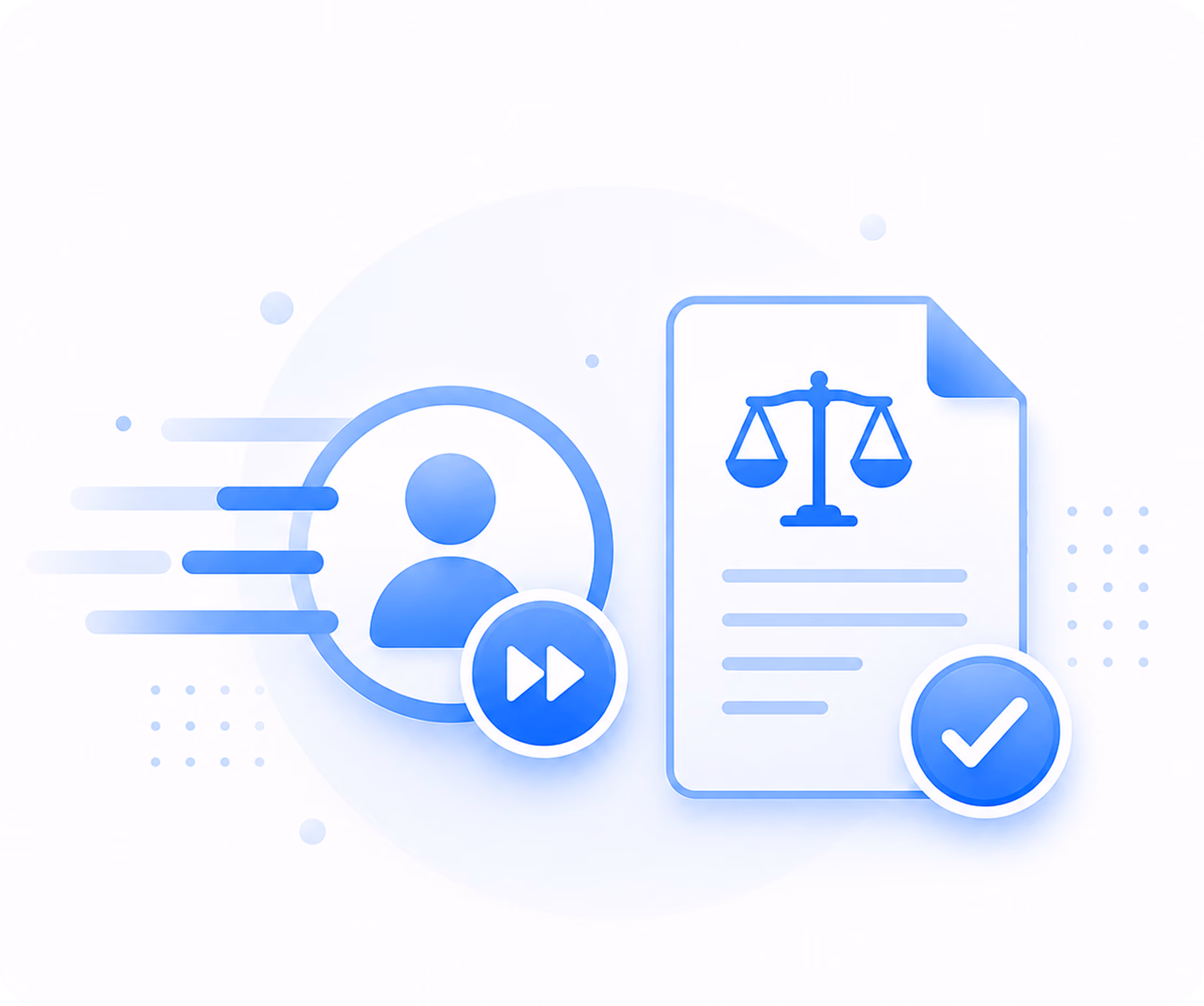 Icon of a person with fast motion lines beside a document with balance scales and a checkmark.