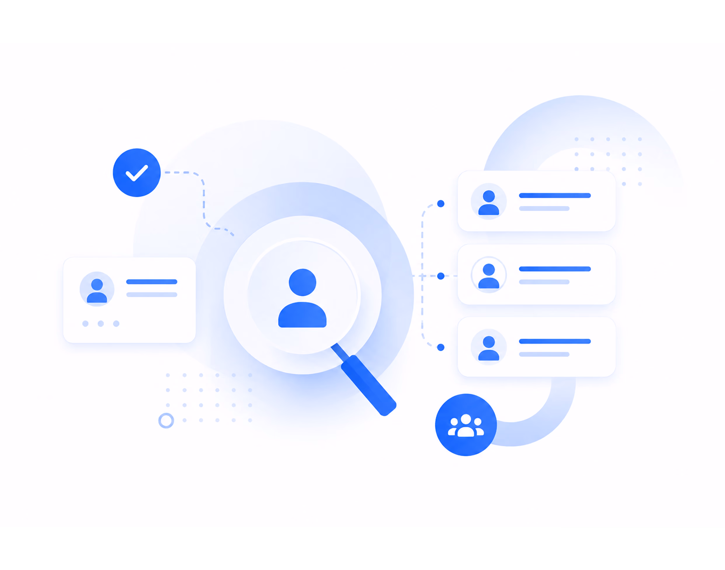 Magnifying glass over user icon linked to verified profile and multiple user cards.