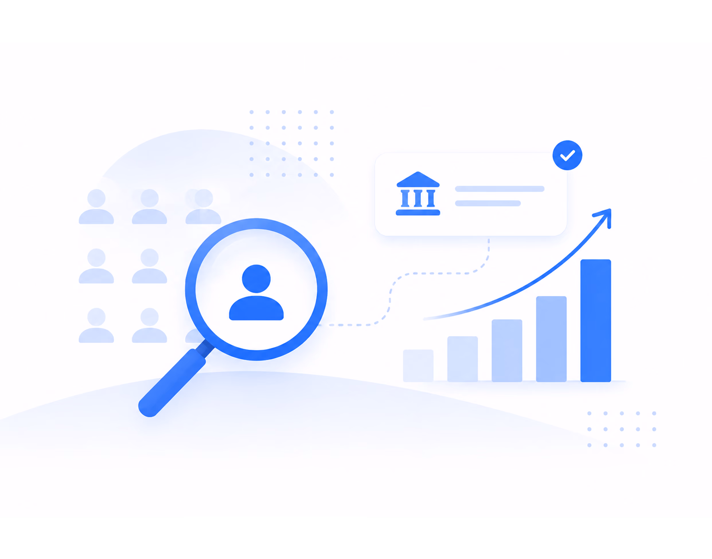 Magnifying glass highlighting a user icon among group icons with a rising bar chart and validation check.