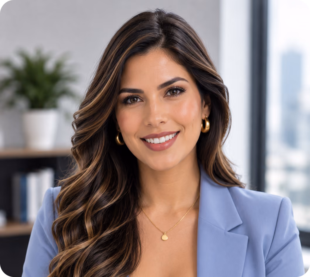 Smiling woman with long wavy hair wearing gold hoop earrings and a light blue blazer.