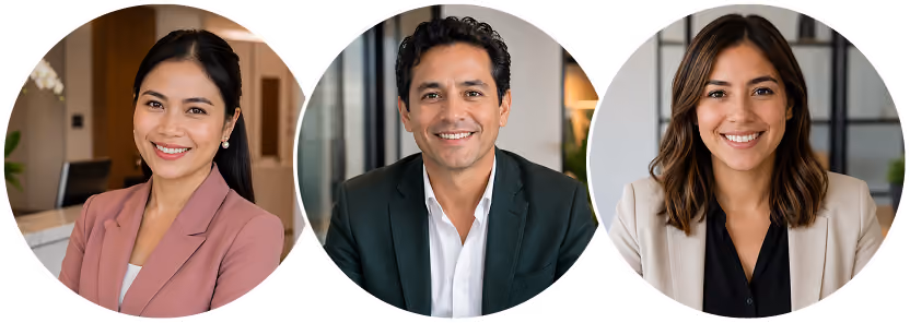 Three diverse professionals smiling, wearing business attire, with office backgrounds.