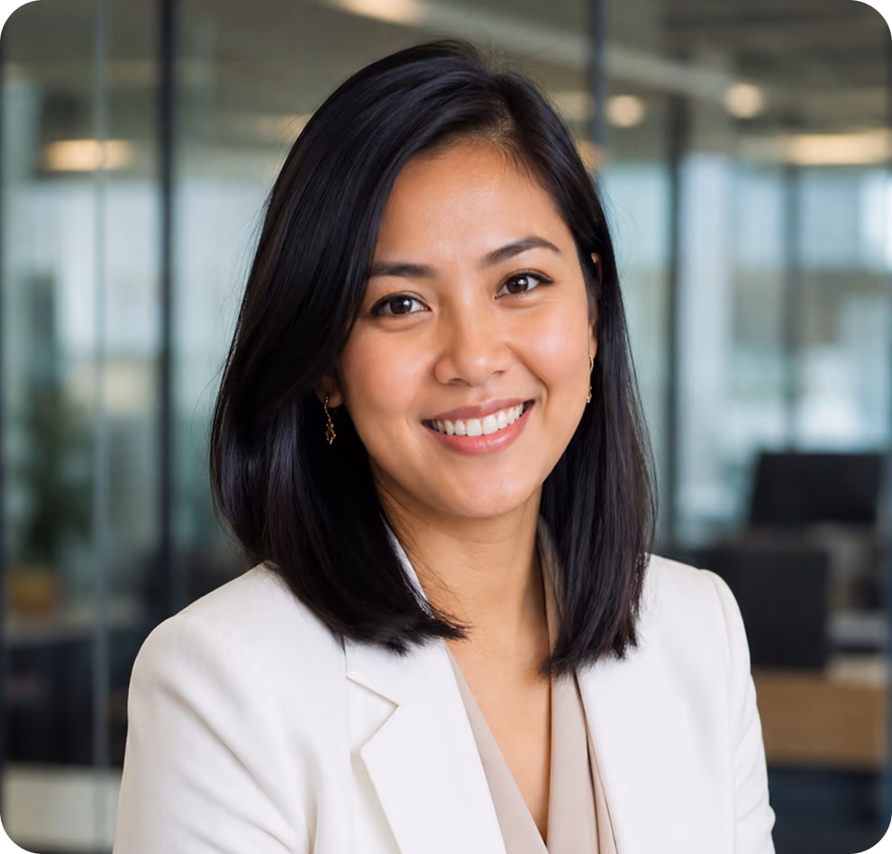 Smiling professional woman with black hair in white blazer in a modern office setting.