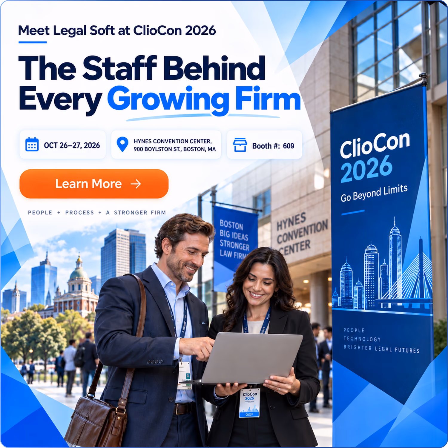 Two professionals, a man and woman, smiling and looking at a laptop outside Hynes Convention Center in Boston with ClioCon 2026 banners, advertising the legal conference held October 26-27, booth 609, focusing on growing law firms.