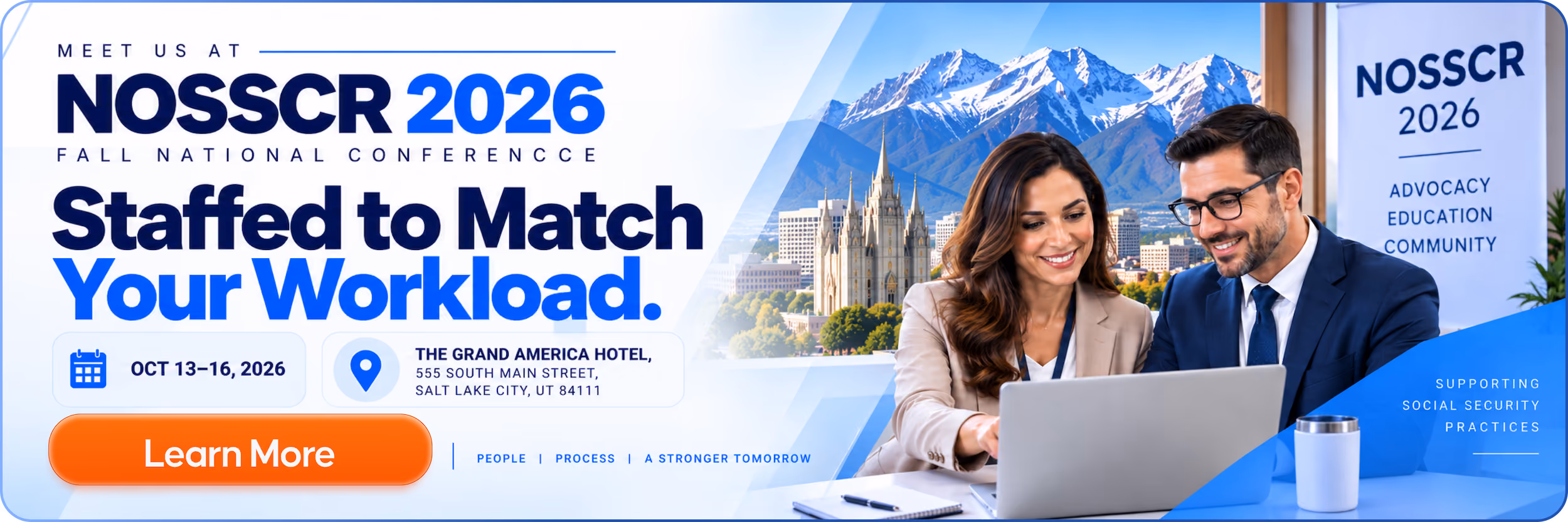 Banner for NOSCCR 2026 Fall National Conference inviting viewers to meet them, highlighting 'Staffed to Match Your Workload' with event dates October 13-16, 2026 at The Grand America Hotel, Salt Lake City, Utah, featuring a smiling man and woman looking at a laptop with mountains and city buildings in the background.