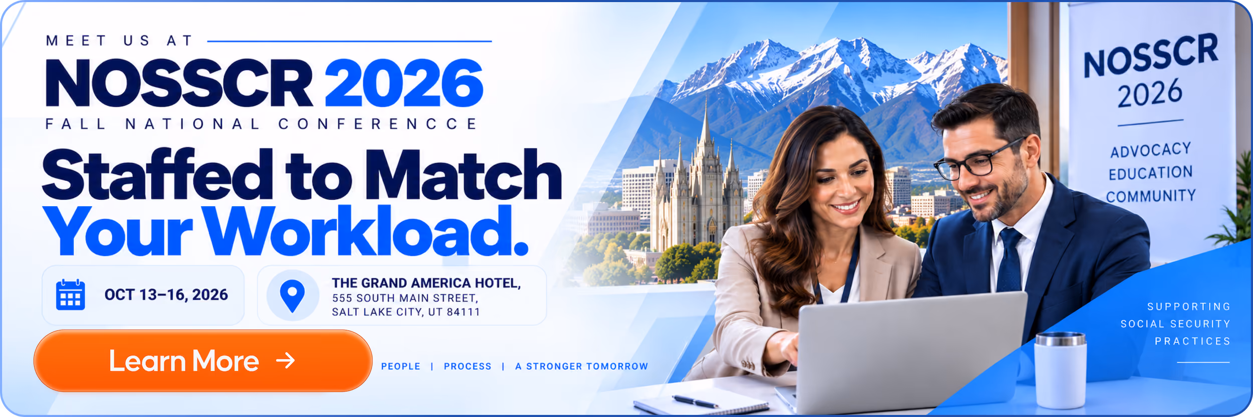 Advertisement banner for NOSSCR 2026 Fall National Conference with text 'Staffed to Match Your Workload' and event details Oct 13-16, 2026 at The Grand America Hotel, Salt Lake City; showing two business professionals, a woman and a man, smiling and working on a laptop with mountains and a cityscape in the background.