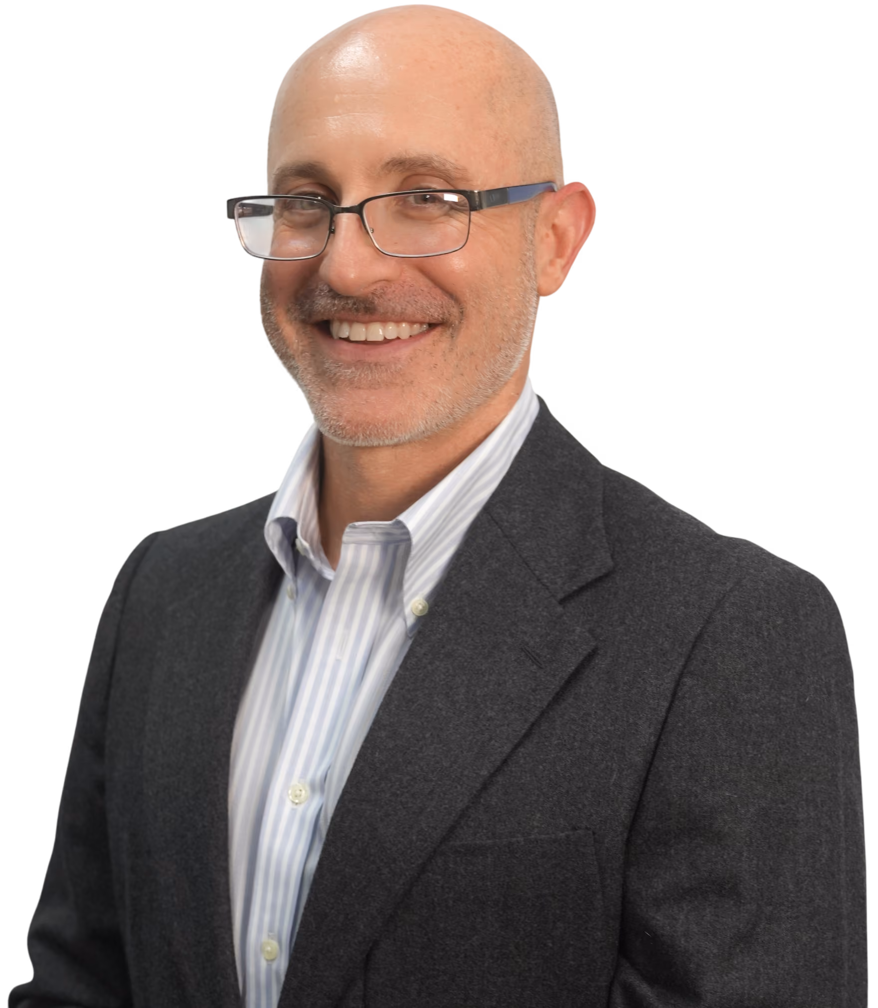 Smiling middle-aged bald man with glasses wearing a dark gray blazer over a light blue striped shirt, against a transparent background.