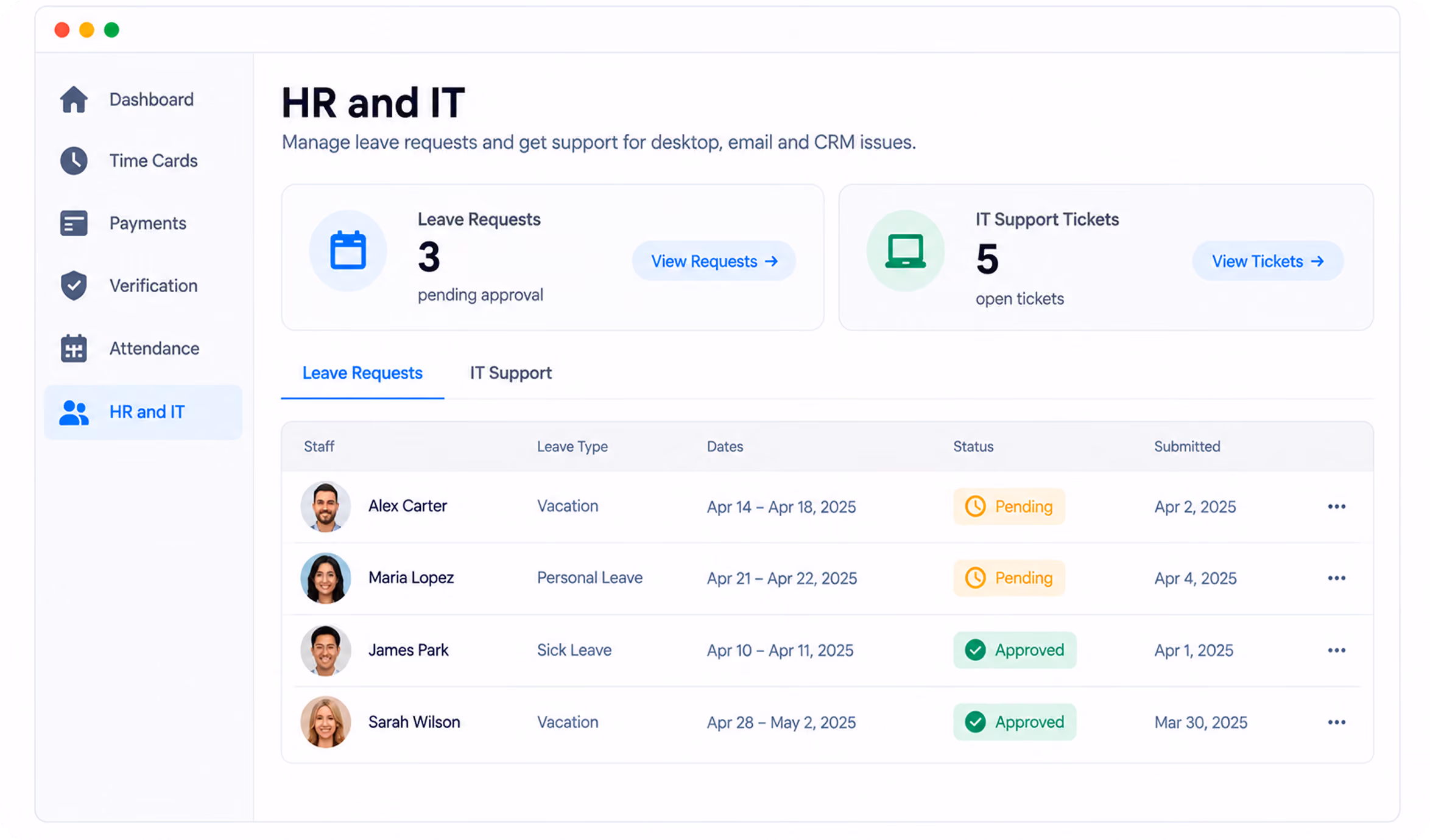 Dashboard interface for HR and IT showing leave requests and IT support tickets. Left sidebar includes menu items like Dashboard, Time Cards, Payments, Verification, Attendance, and HR and IT highlighted. The main section shows 3 leave requests pending approval and 5 open IT support tickets. Below, a table lists staff leave requests with columns for Staff, Leave Type, Dates, Status, and Submitted. Alex Carter and Maria Lopez have pending leave requests; James Park and Sarah Wilson have approved requests.