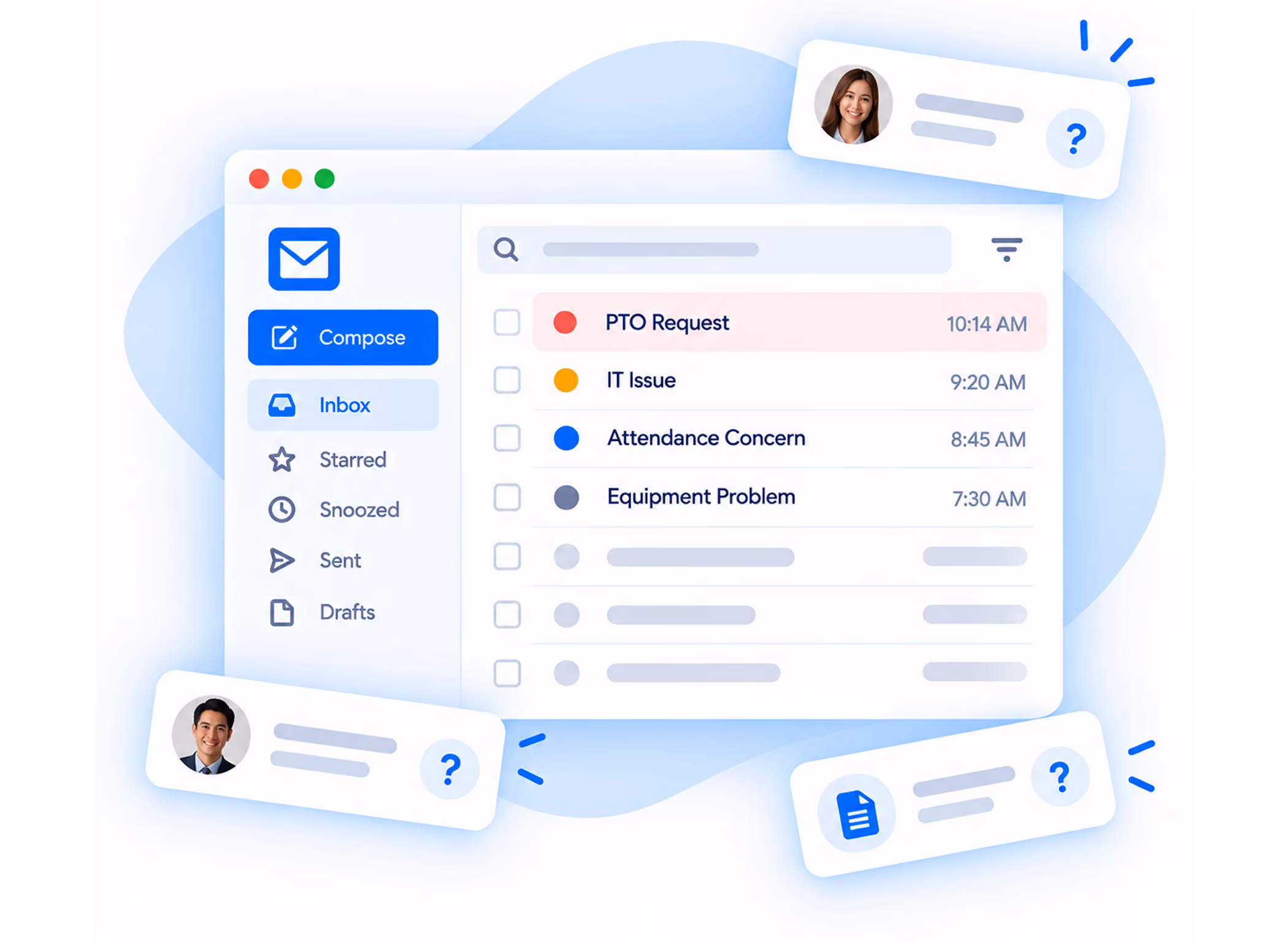 Email inbox interface showing a list of messages with colored status dots including PTO Request, IT Issue, Attendance Concern, and Equipment Problem, with options to compose, view starred, snoozed, sent, and draft emails, surrounded by chat bubbles with profile pictures and question icons.