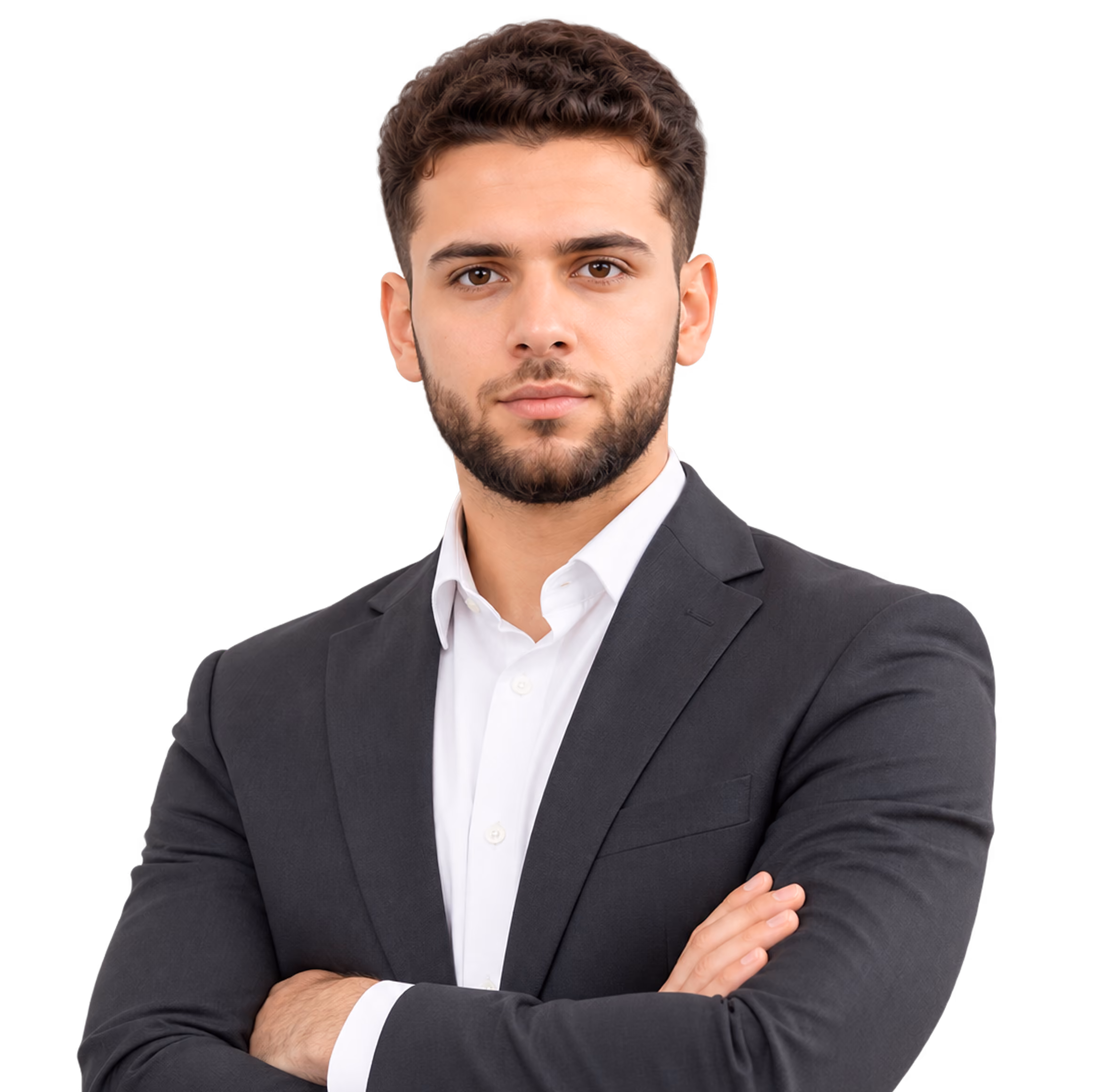 Young man with dark curly hair and beard wearing a black suit jacket and white shirt, standing with arms crossed and looking confidently at the camera.