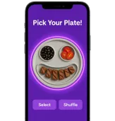 Happy Plate app screen with 'Pick Your Plate' feature, showing fun food selections displayed as smiley faces, encouraging kids to choose healthy meals interactively.
