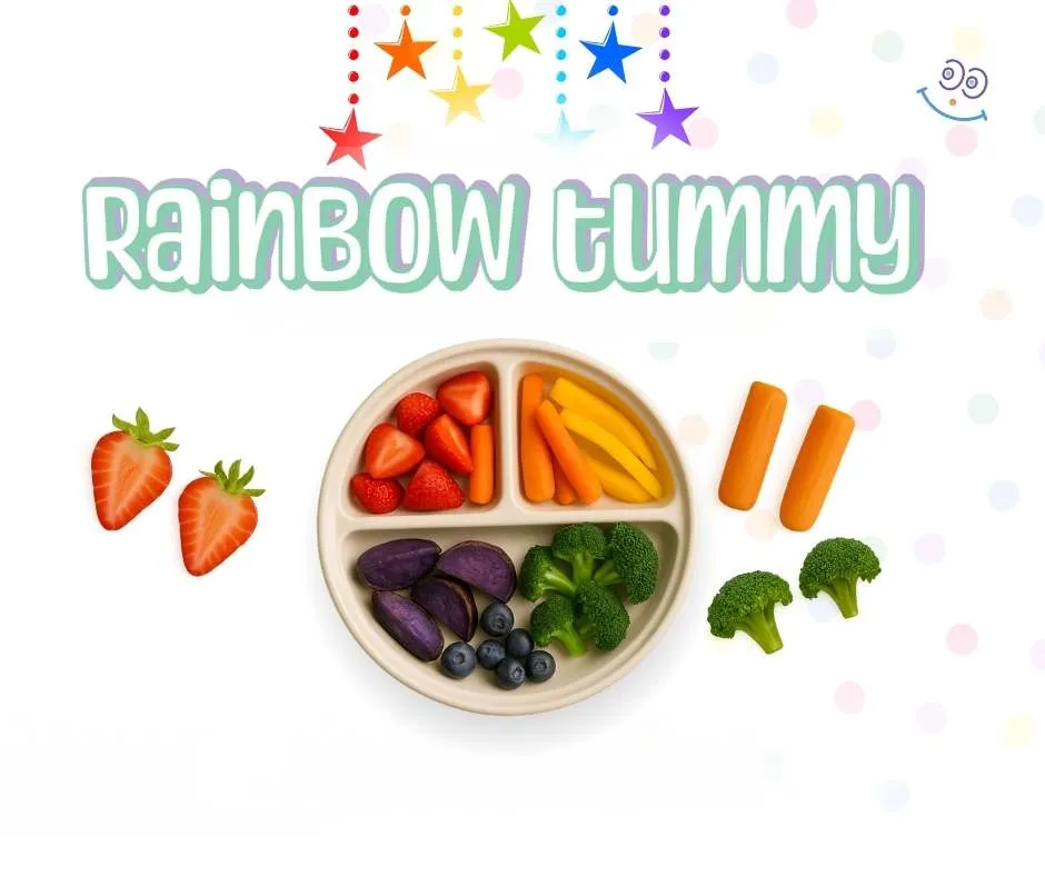 Children's divided plate filled with colorful rainbow-themed fruits and vegetables including strawberries, carrots, peppers, broccoli, blueberries, and purple potatoes, promoting fun and nutritious eating habits for kids.