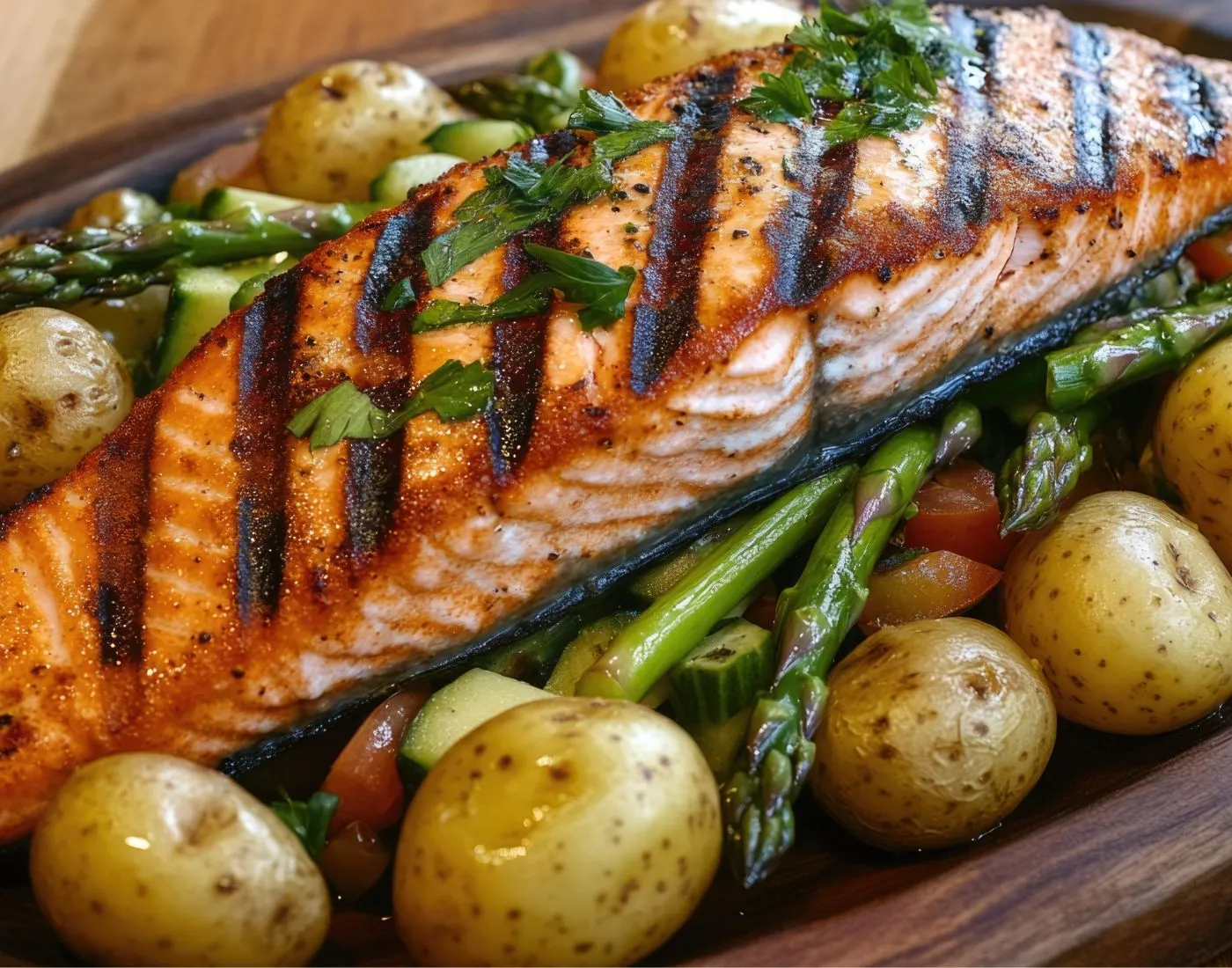 Perfectly grilled salmon fillet served on a bed of asparagus, cherry tomatoes, and golden baby potatoes, garnished with fresh herbs. 