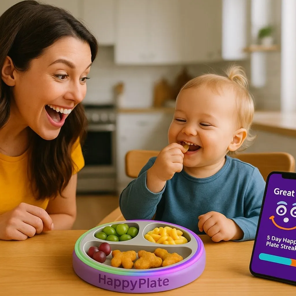 Toddler happily eating from a Happy Plate while parent cheers and a phone app shows a reward message for a 5-day streak