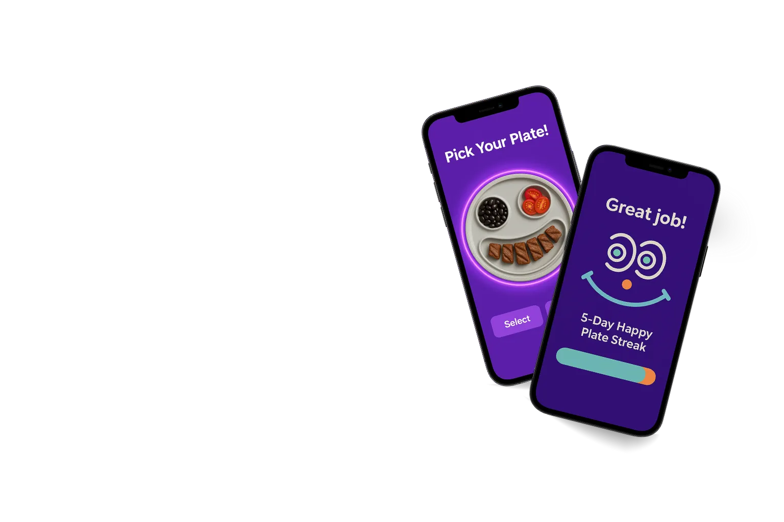 Two smartphones displaying the Happy Plate app with a smiling food plate selection and reward screen for a 5-day streak