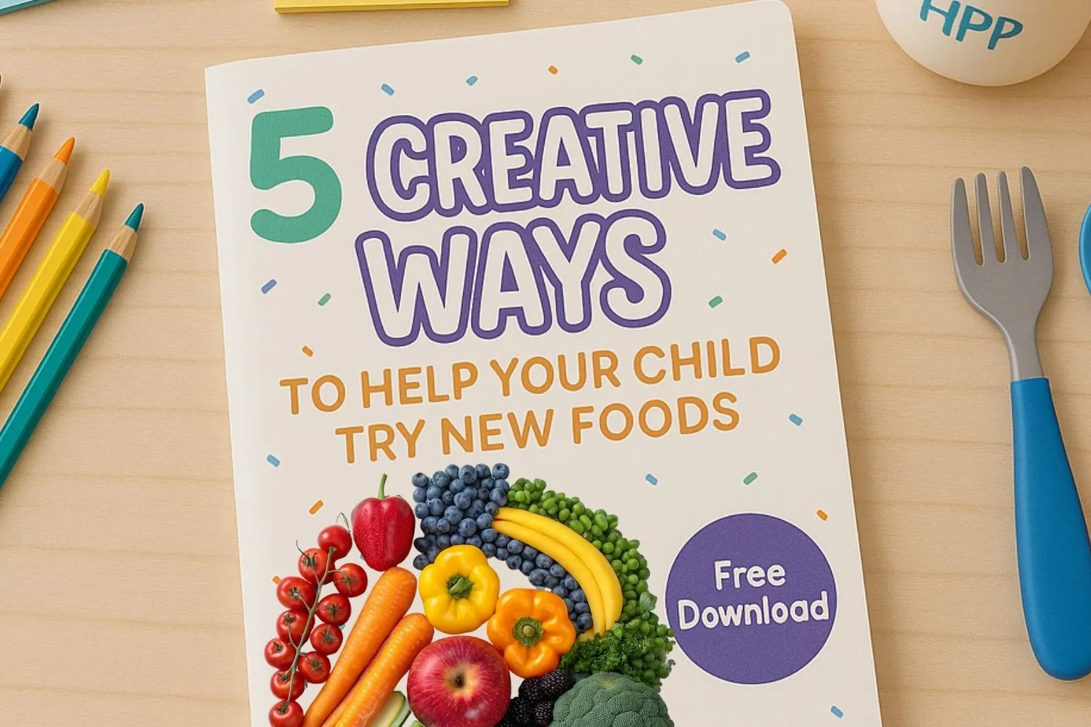 Printable guide cover with colorful fruits and vegetables titled “5 Creative Ways to Help Your Child Try New Foods – Free Download
