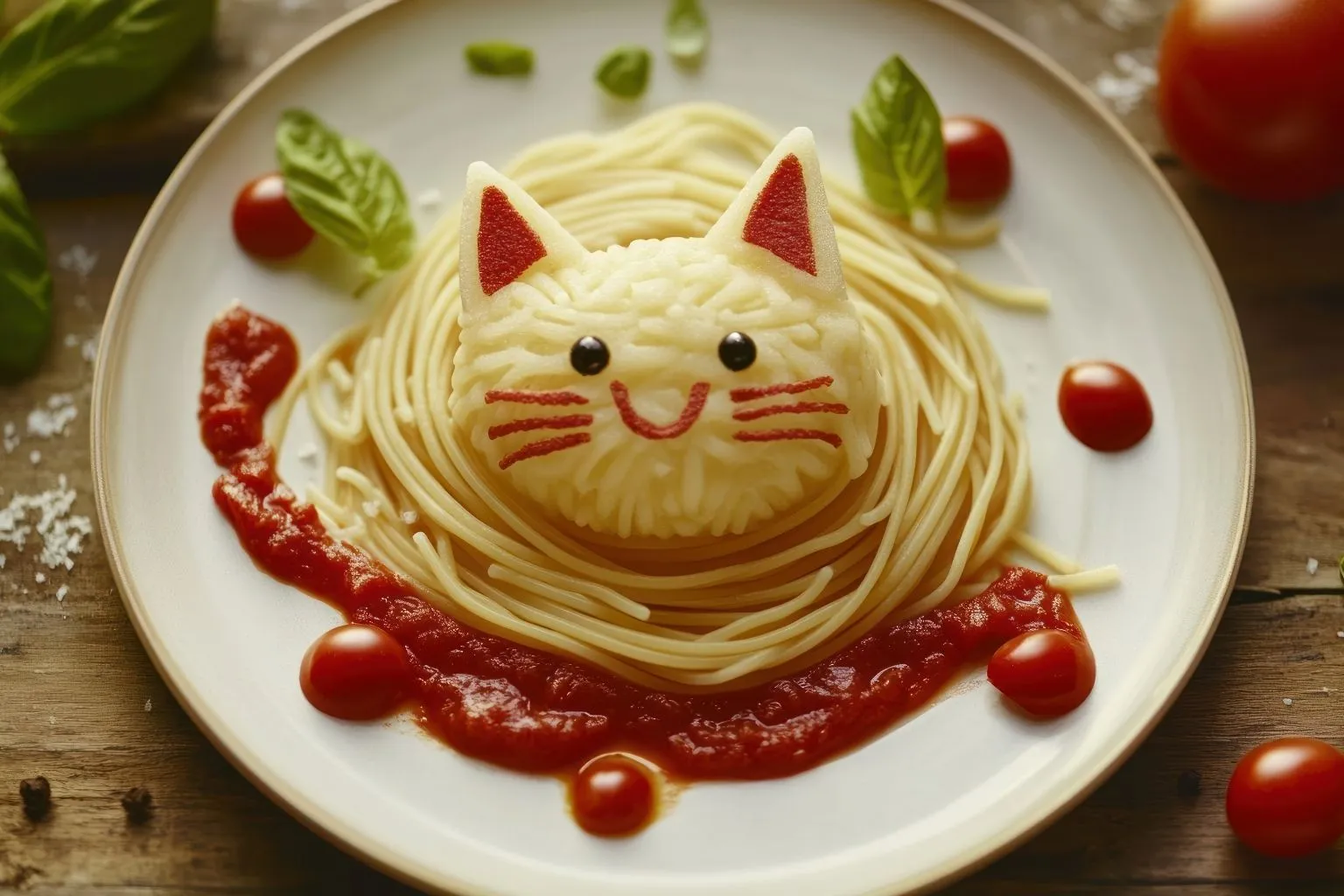  A fun kid-friendly plate of spaghetti styled into a cat face with mashed potatoes, tomato ears, and cherry tomato accents