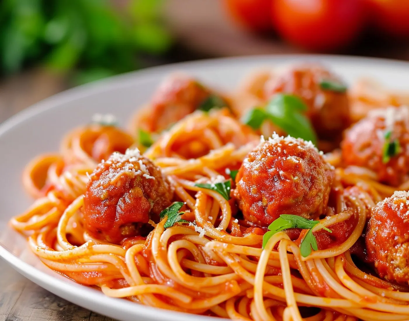 Close-up of spaghetti with marinara sauce and meatballs, topped with grated Parmesan and fresh parsley – a classic Italian comfort food.