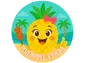 Colorful cartoon image of Pineapple Chicky, a cheerful pineapple character with a pink bow, smiling on a tropical beach holding a skewer—perfect for kids' mealtime fun and themed plate settings.