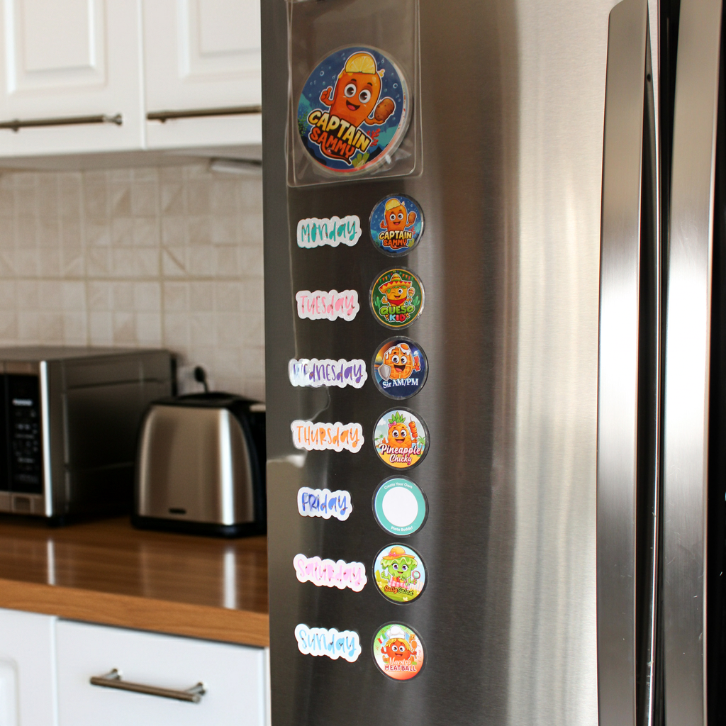 Plate Buddies interactive kids plate magnets displayed on a kitchen fridge featuring all character designs for picky eater meal planning.