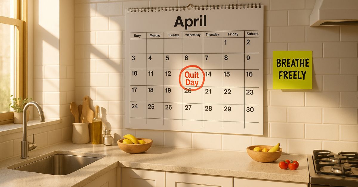 A bright, modern kitchen with morning sunlight. A large wall calendar dominates the scene; one date is boldly circled in red and labeled “Quit Day.”
