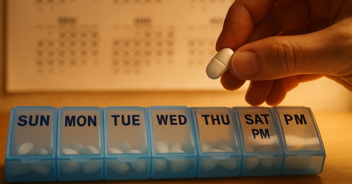 A close-up of a hand placing the final pill into a weekly organizer labeled Saturday night