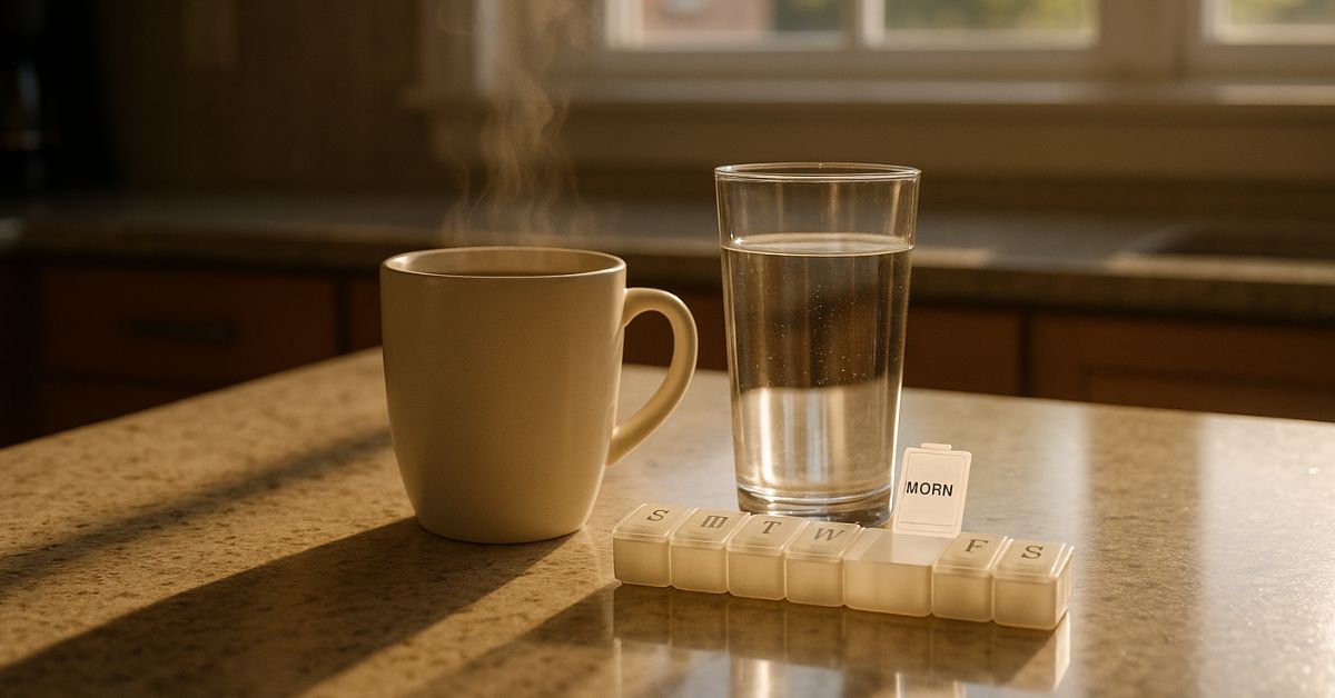 early‑morning kitchen scene: steaming coffee mug beside a full glass of water and a small pill organizer 