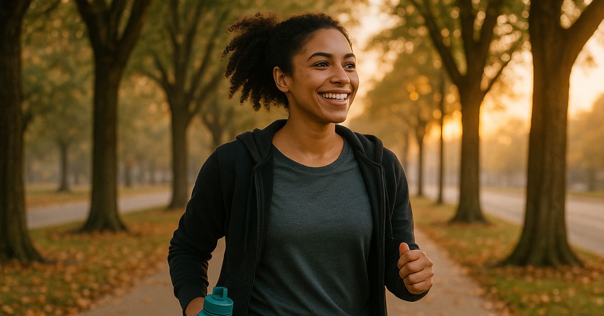 a person in casual clothes takes a brisk walk, holding a reusable water bottle
