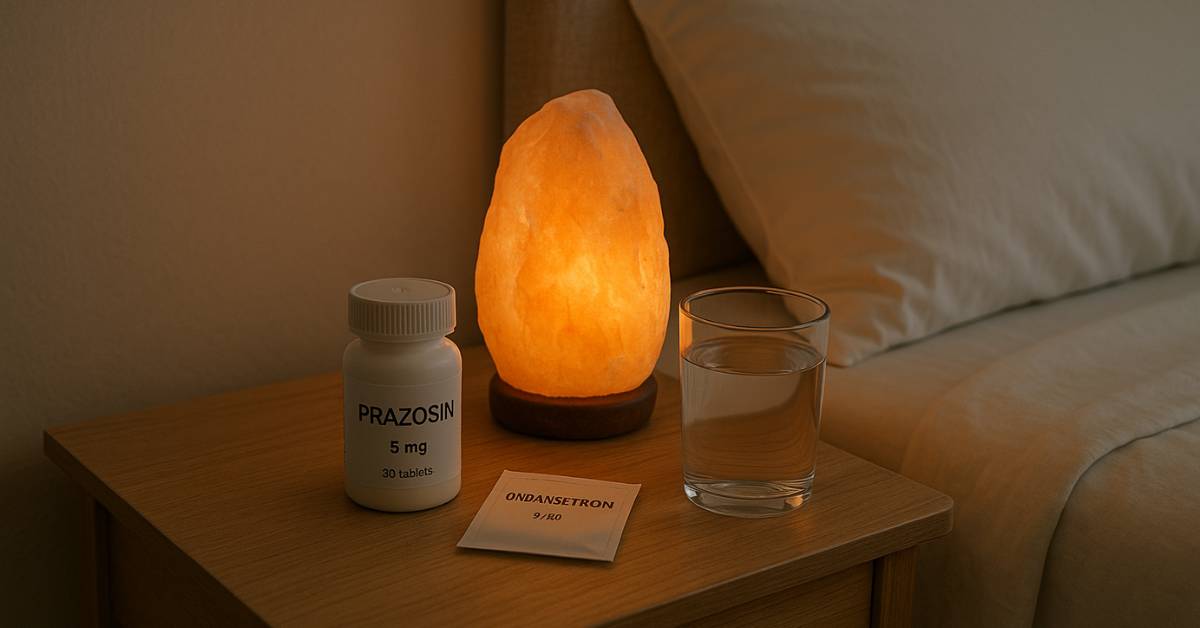bedside table with a prazosin bottle, ondansetron packet, glass of water, and a dimly glowing Himalayan salt lamp