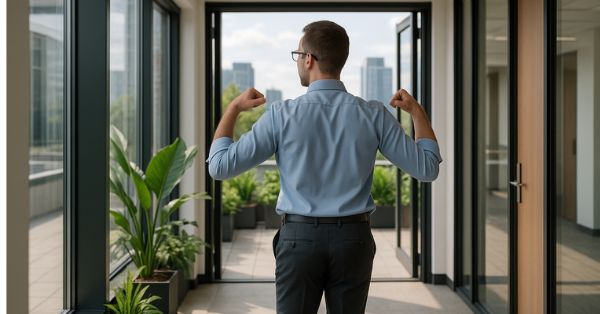 a professional mid-stride toward fresh air, rolling shoulders in a quick stretch