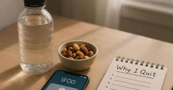 Photorealistic morning desk scene: smartphone displaying 9 a.m. pill-reminder notification beside a water bottle, protein snack (nuts), and a small notepad titled “Why I Quit” with bullet points