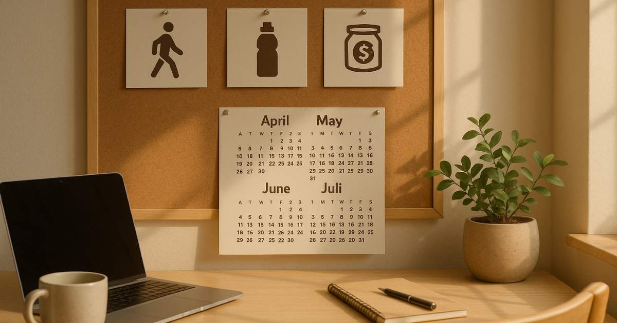 Warm home office corner: corkboard with simple goal cards pinned (walk icon, water bottle icon, savings jar icon). A calendar page shows the next three months. Soft daylight suggests fresh starts and steady progress.